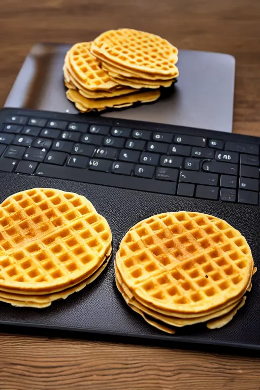 Image similar to eggo waffles and maple syrup on a black laptop computer