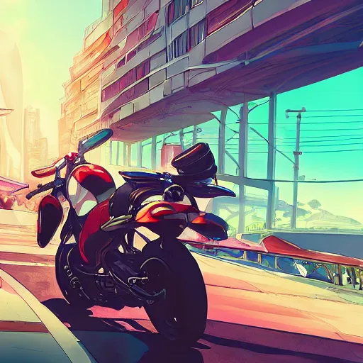 Prompt: anime style akira key character and motorcycle city landscape, 4k, anime key visual, lois van baarle, ilya kuvshinov, rossdraws, artstation