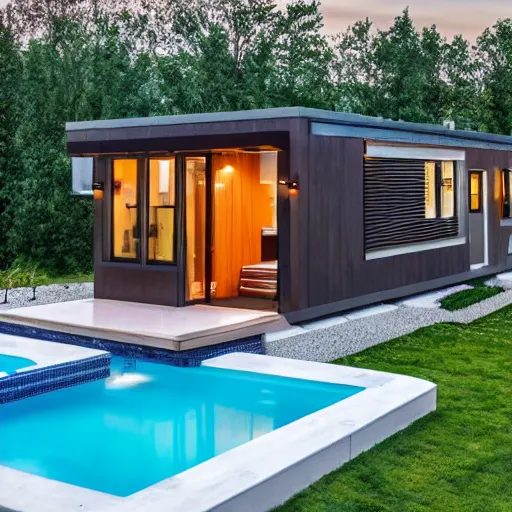 Prompt: a modern tiny home duplex with a pool