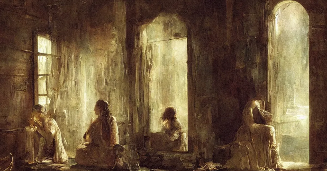 Image similar to secret world behind mirror with very deep stillness atmosphere, dimension of still moment, spiritual style, digital art, by augustus edwin mulready