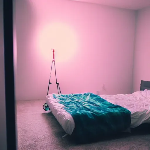 Prompt: calm photo of a futuristic otaku bedroom, bokeh + calm lighting