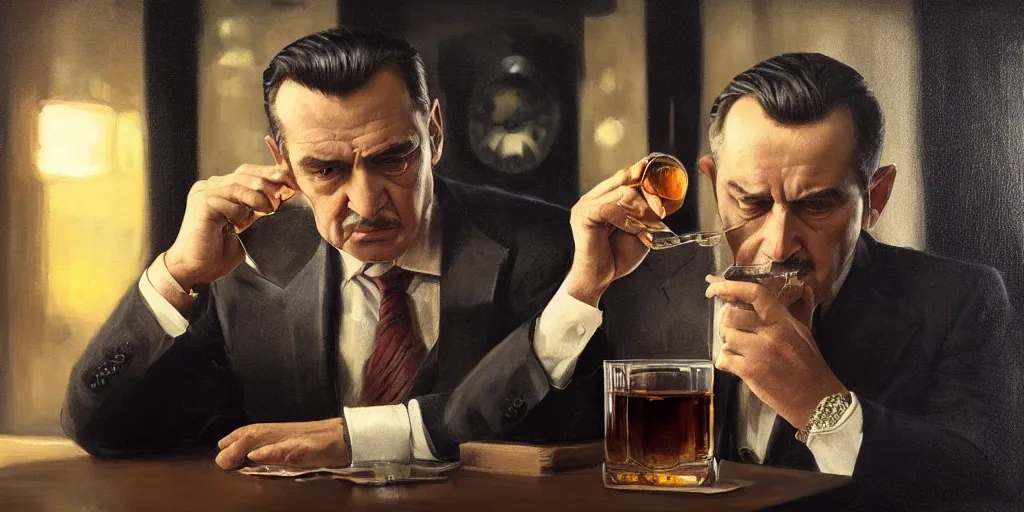 Image similar to beautiful oil matte portrait painting, mafia boss drinking whiskey at his 5 0 s new york office desk, wonderful masterpiece highly detailed, beautiful cinematic light deep focus, elegant, digital painting, smooth, sharp focus, golden ratio, dramatic illumination, ultra realistic, 8 k, art by jimmy law