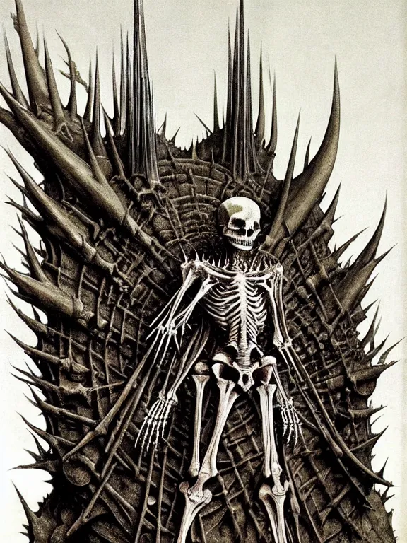 Prompt: A spiked horned detailed semiork-semihuman skeleton with armored joints stands in a large cavernous throne room with a pebble in hands. Wearing massive shoulderplates, cloak. Extremely high details, realistic, fantasy art, solo, masterpiece, bones, ripped flesh, art by Zdzisław Beksiński, Arthur Rackham, Dariusz Zawadzki, Harry Clarke