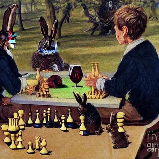 Prompt: rabbits drinking wine and playing chess. Painting of rabbits in sweaters by James Gurney.