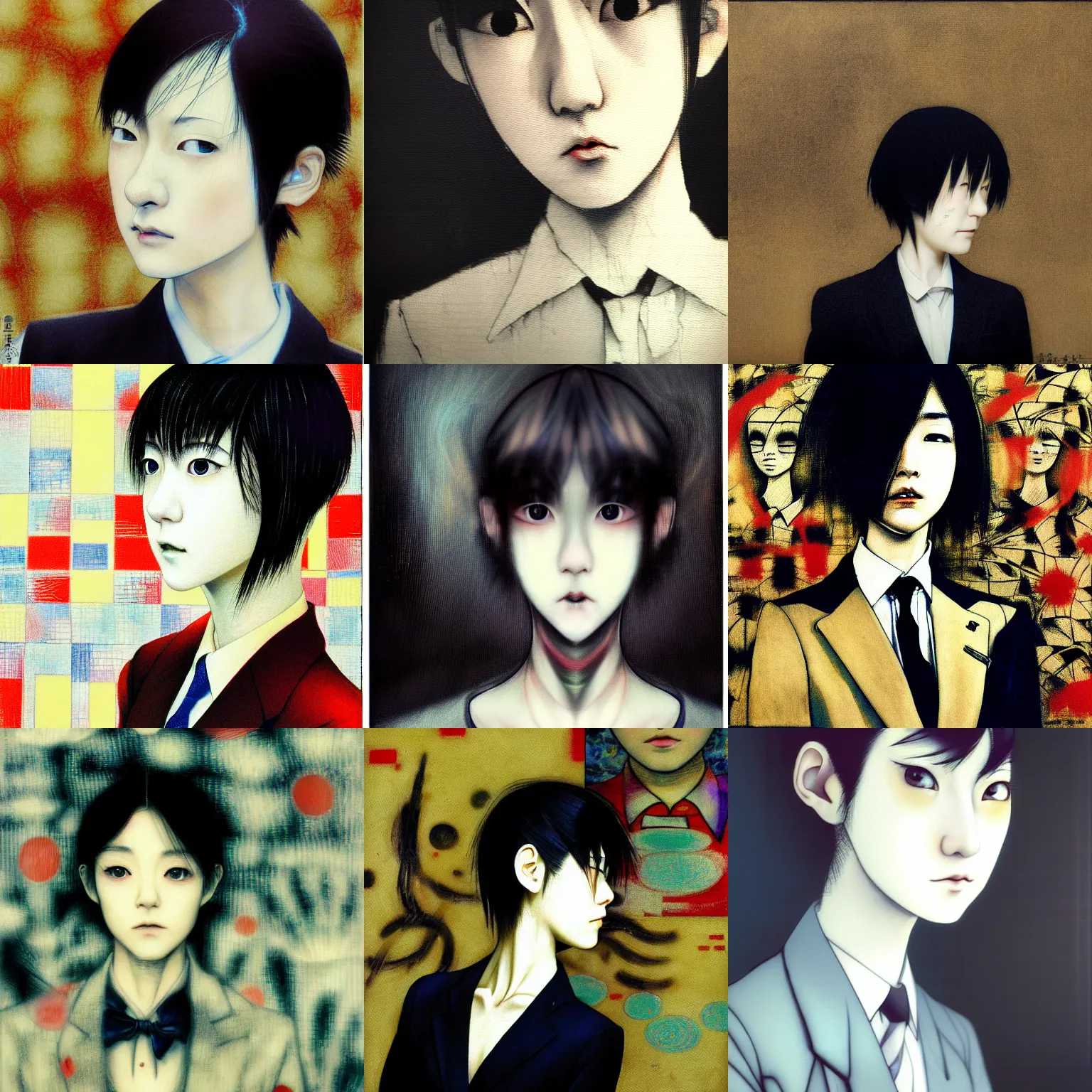 Image similar to yoshitaka amano blurred and dreamy realistic three quarter angle portrait of a young woman with short hair and black eyes wearing office suit with tie, junji ito abstract patterns in the background, shadows on the face, satoshi kon anime, noisy film grain effect, highly detailed, renaissance oil painting, weird portrait angle, blurred lost edges