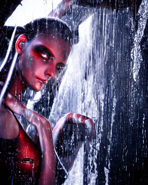 Prompt: photo of female dancer as a cyberpunk mecha humanoid robotic head shoulder parts with straight bright led lights, under a waterfall, wet skin with water dripping down face, photorealism, ultra - realistic and detailed, 8 k