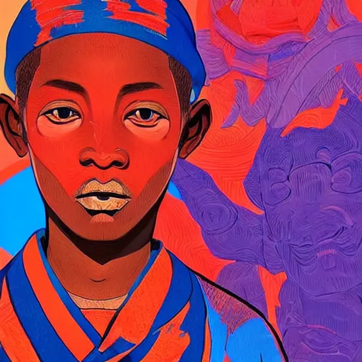 Image similar to colourful - claymation - upper half - portrait - art of a nigerian boy, concept art style by utagawa kunisada & james jean, symmetrical, intricate detail, concept art, volumetric light, global illumination, ray tracing, sharp, pinterest, behance, art station,