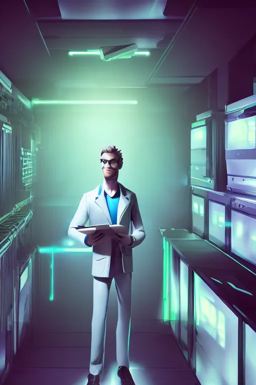 Prompt: futuristic scientist is holding a folder, he is in shock, dark building of server room, neon light, the folder glows and lights up his face, professional lighting, 3 d digital modeling, movie scene, concept art, detailed art,