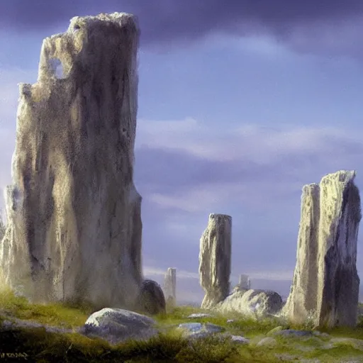 Image similar to concept art by craig mullins of a small, white marble cliff in a meditereanian landscape, with stone henge on top