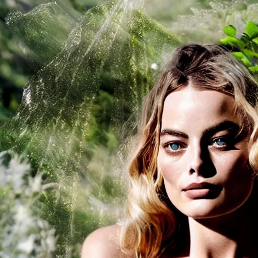 Prompt: double exposure photography of margot robbie and nature