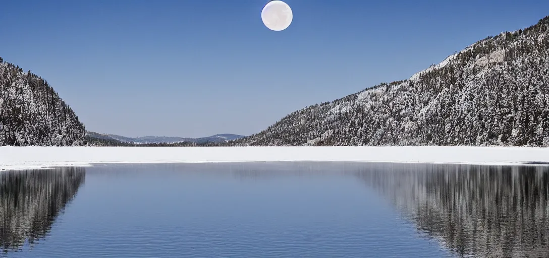 Image similar to lake in a totally white place with a moon