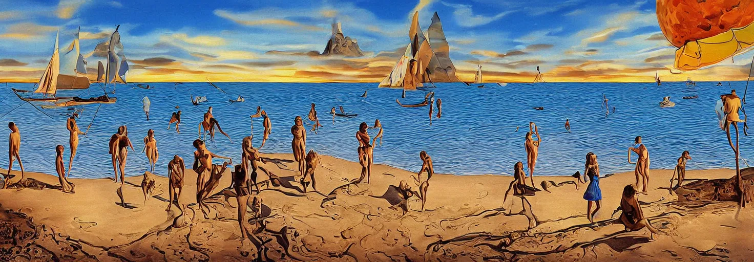 Image similar to People in beach by Salvador Dali and Bob Ross collaboration, mural, sun set, digital art, high details