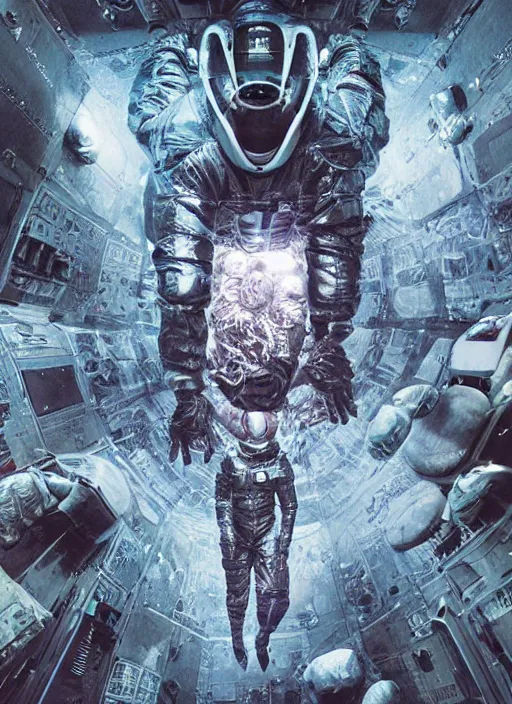 Image similar to astronauts in dark and empty void underwater - complex and hyperdetailed technical suit. reflection and dispersion materials. rays and dispersion of light. volumetric light. 5 0 mm, f / 3 2. noise film photo. flash photography. ultra realistic, wide angle. poster by wayne barlowe, hajime sorayama aaron horkey, craig mullins
