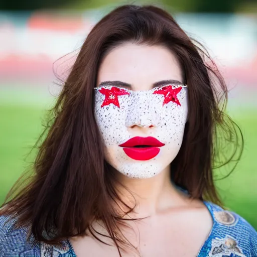 Prompt: close up portrait photograph of the left side of the face of a brunette woman with stars inside her eyes, red lipstick and freckles. she looks directly at the camera. Slightly open mouth, face covers half of the frame, with a park visible in the background. 135mm nikon. Intricate. Very detailed 8k. Sharp. Cinematic post-processing. Award winning portrait photography