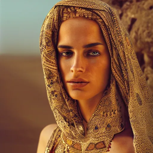 Image similar to portrait of a stunningly beautiful middle eastern tribal female, depth of field, zeiss lens, detailed, symmetrical, centered, fashion photoshoot, by Annie Leibovitz and Steve McCurry, David Lazar, Jimmy Nelsson, Breathtaking, 8k resolution, extremely detailed, beautiful, establishing shot, artistic, hyperrealistic, beautiful face, octane render