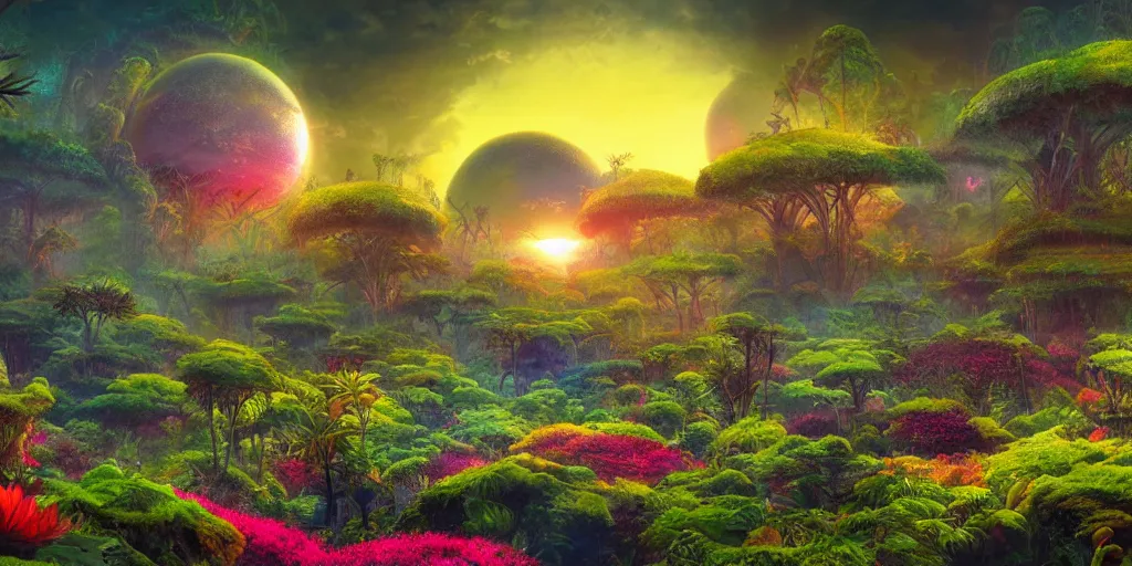 Prompt: sunrise in alien planet, full of vegetation, stunning garden of alien flowers, colourful plants, trees, vibrant colours, beautiful matte painting, dreamy, high detail, matte painting, artstation, in the style of martin johnson heade and roger dean