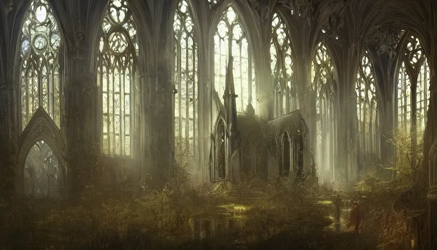 Image similar to a beautiful intricate painting of a abandoned gothic church, in dark evil fantasy forest, reflections, very high details by william turner art, greg rutkowski and alphonse mucha, trending on artstation, very very detailed, masterpiece,