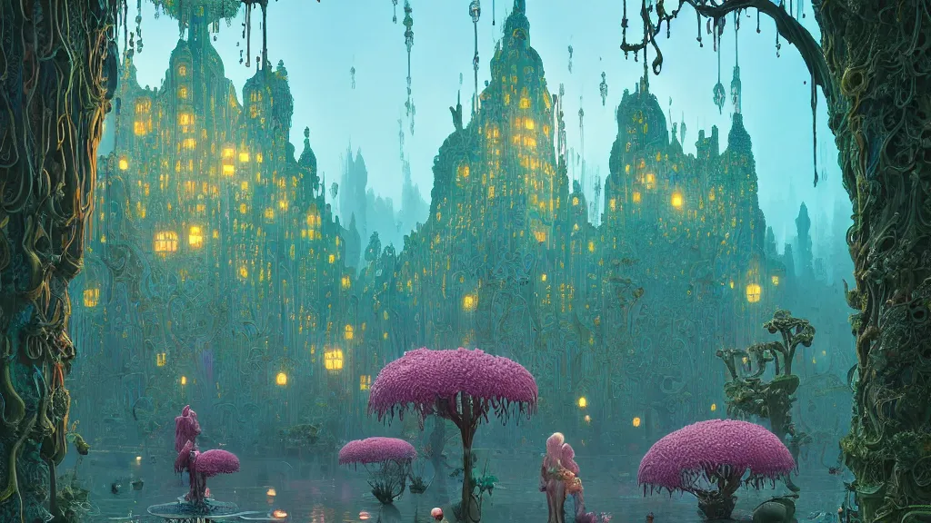 Image similar to ornate woman of iridescent liquid, alchemy, intricate, bloom, detailed, volumetric lighting, sharp focus, photorealism, digital painting, highly detailed, concept art, by roger dean and simon stalenhag and mark brooks