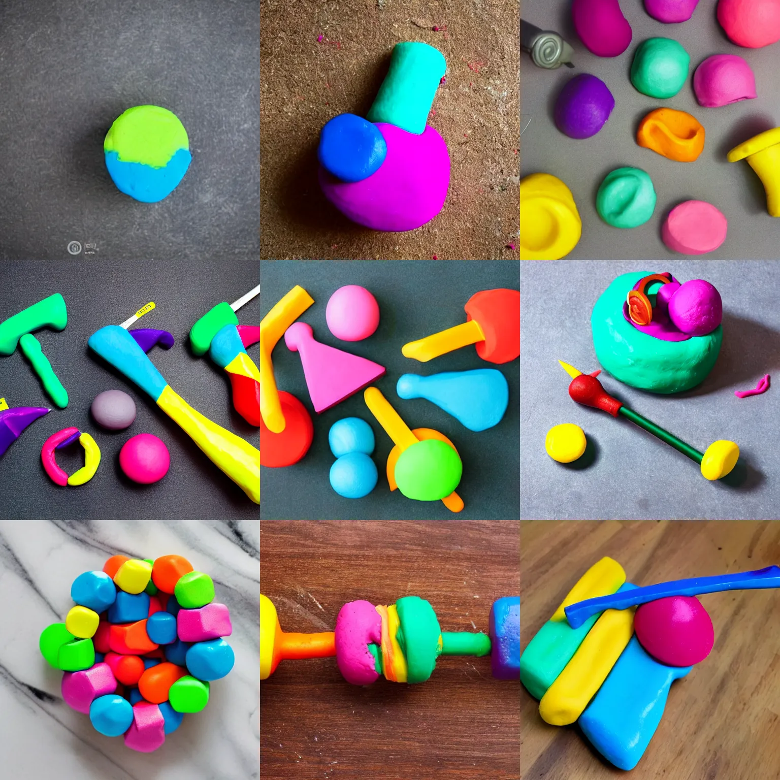 Prompt: a hammer made of colourful playdough