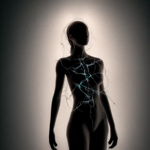 Prompt: a mesh female form composed of dark neurons and veins, see - through, subsurface illumination, cinematic, octane rander, photograph, 3 d, detail, character concept, portrait, dramatic lighting