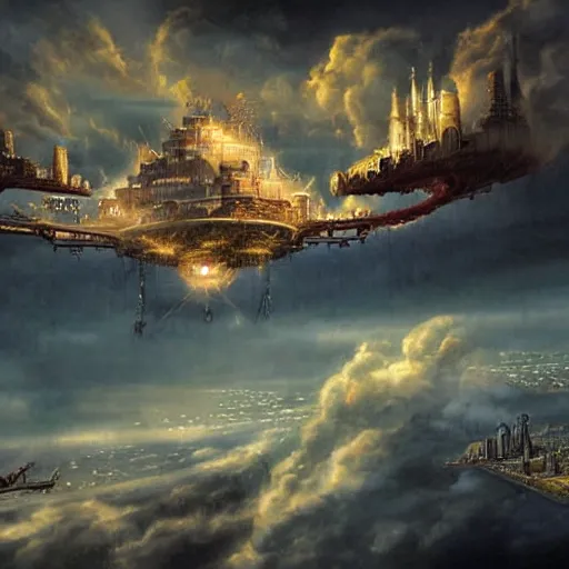 Image similar to flying city in the clouds, steampunk, romanticism artwork