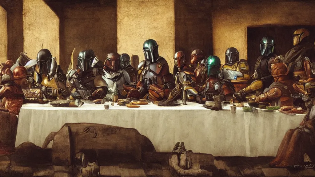 Image similar to mandalorian last supper, by leonardo davinci, concept art, oil painting, art station, dynamic lighting, highly detailed, very detailed, 4 k