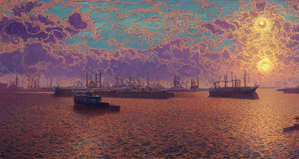 Prompt: terrifying psychedelic ⛈ ocean 🌊, giant 🚢 merchant shipyard, paisley pattern sky, backlit, 🌅, refracted lighting, outdoors, paisley pattern, elegant, 8 k resolution, intricate and fine details, digital painting, artstation, illustration, psychedelic ocean art, krenz cushart, alphonse mucha