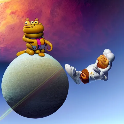 Prompt: Garfield floating in space, eating one of Saturn's rings, matte painting, detailed texture, zbrush, render, 4k