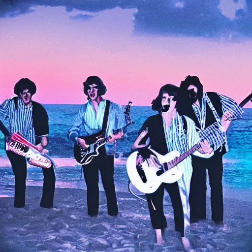 Image similar to an evil surf rock band from 1963 playing a gig on the beach under a psychedelic neon fractal sky