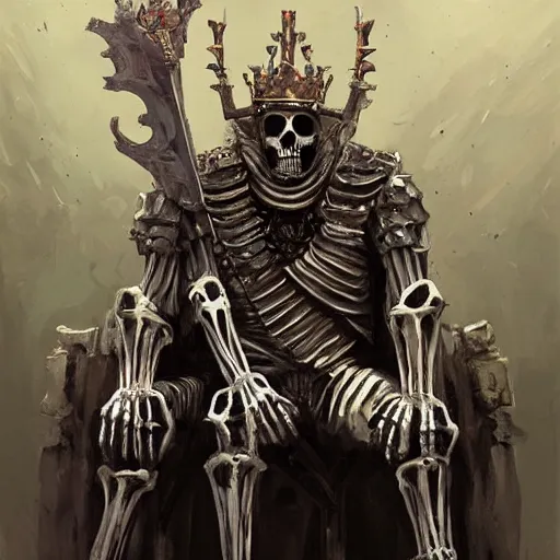 Image similar to Skeleton King, plate armour, resting on his throne, crown, oil painting, by Fernanda Suarez and Greg Rutkowski