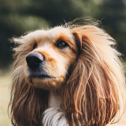Prompt: brown and white long haired dog kooiker with a fur coat
