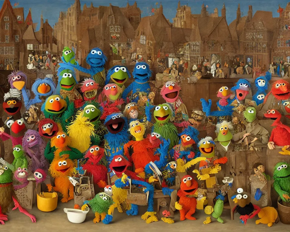 Image similar to sesame street muppets art by hieronymus bosh, triumph of death by pieter brueghel