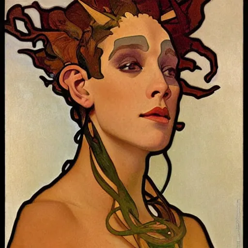 Prompt: portrait of Neytiri with tan skin and spiky short red hair by Alphonse Mucha and Grant Wood, tufted ears, avatar, gold eyes, wearing a men's suit