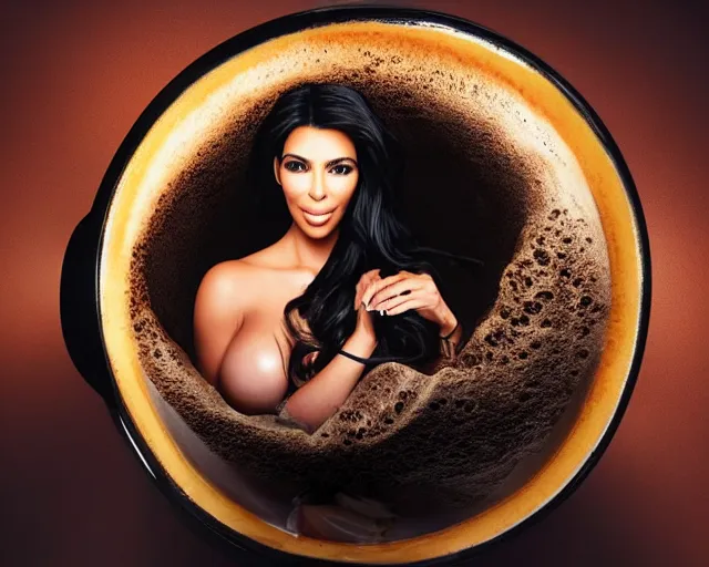 Prompt: Kim Kardashian inside a giant cup of coffee, highly detailed, cinematic, award winning, studio lighting