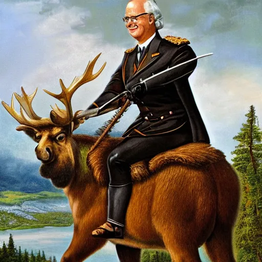 Image similar to portrait of carl xvi gustaf riding a moose into battle