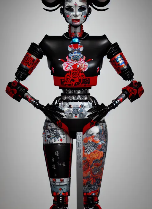 Image similar to full body photo of an punk geisha robot with kanji tattoos and decals wearing a digital pixelated kimono, intricate design, photo - realistic, octane render, dark colour palette, ultra fine detailed, character design, trending on artstation