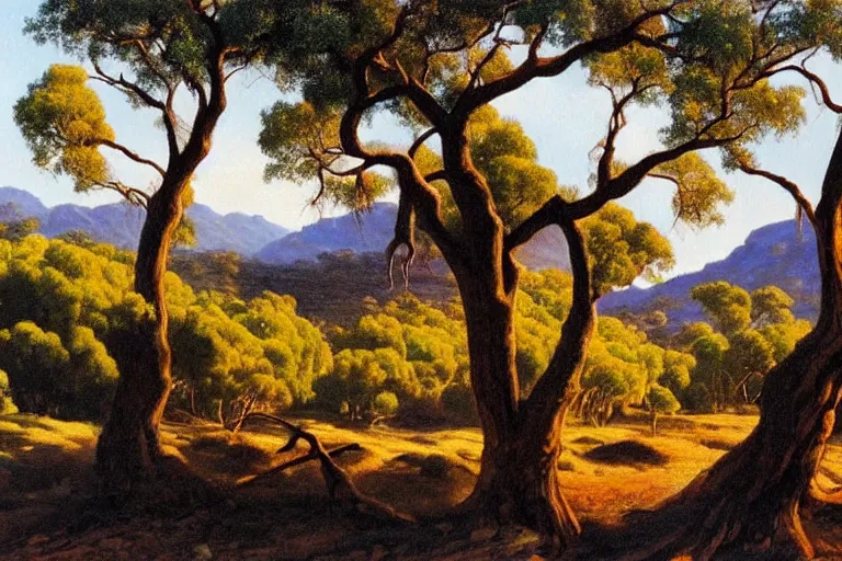 Prompt: masterpiece painting of oak trees on a hillside overlooking a creek, dramatic lighting, by albert namatjira