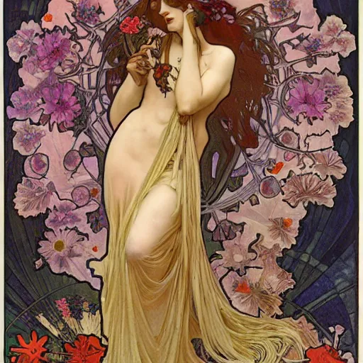 Image similar to persephone as goddess of death and flowers, evil, painted by alphonse mucha