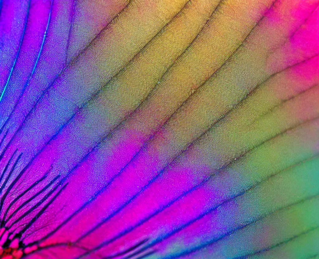 Prompt: beautiful matte airbrush of a iridescent colorful hyper real insect wing on a white background, inspired by 8 0's airbrush illustrations, red purple and blue color palette, art by pater sato