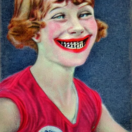 Prompt: a 1 9 2 8 color drawing portrait. calm, happy, healthy, smiling, sporty, young parisienne la couture in athletic wear with beautiful smile and healthy teeth. realistic, high quality.