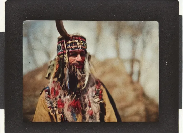 Image similar to over exposed color polaroid photograph of a neolithic european shaman wearing deerskin adorned with trinkets