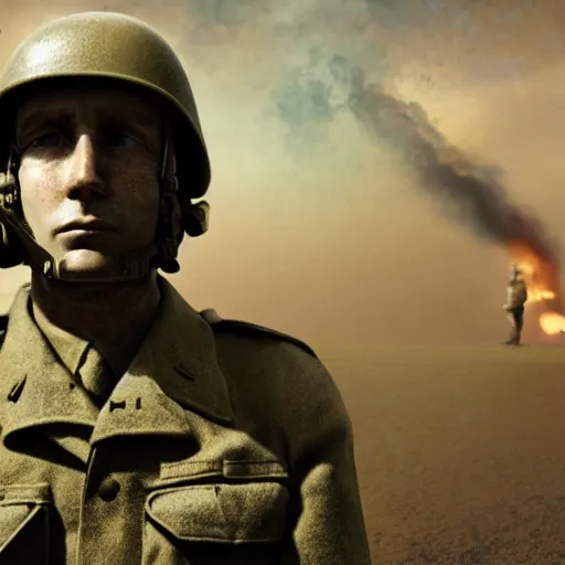 scared shell-shocked soldier in ww2 uniform, war and