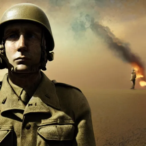 scared shell-shocked soldier in uniform, war and