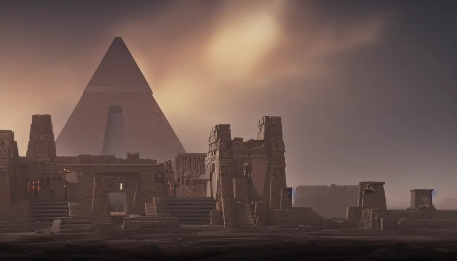 Image similar to a mixture of aztec and egyptian architecture castle, in the style of bladerunner 2 0 4 9, from 8 k matte, cinematic lighting, trending on artstation, unreal engine, highly detailed, 8 k wallpaper, cinematic lighting, octane, matte painting, volumetric lighting, atmosphere, mist, fog, clouds, matte painting