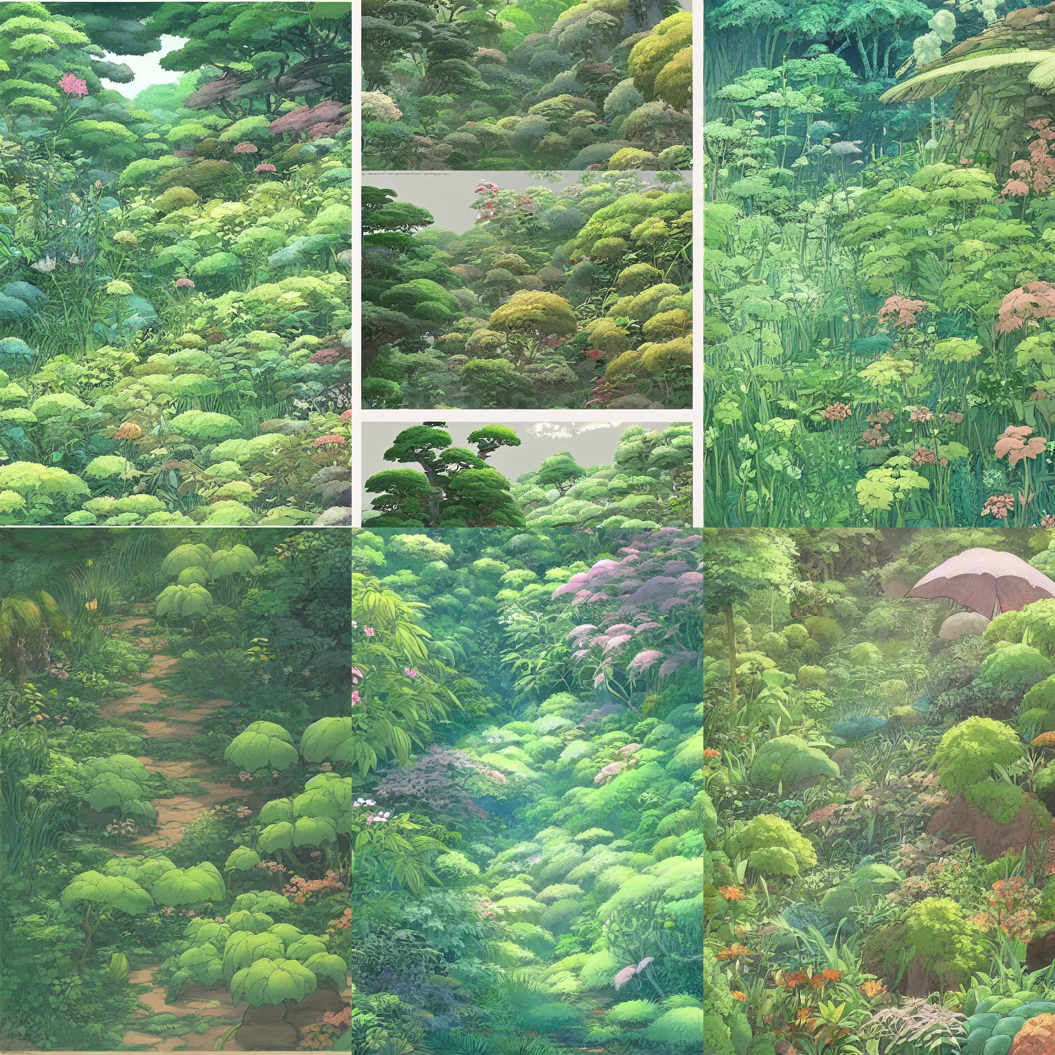 Prompt: sheet of vegetation and foliage painting designs in the style of studio ghibli, by Kazuo Oga