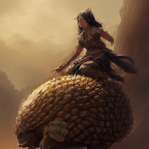 Image similar to yanonami riding a glyptodon, greg rutkowski, digital illustration, concept art, dnd, face, fantasy, intricate, elegant, highly detailed, digital painting, artstation, full body, long shot, cinematic lighting