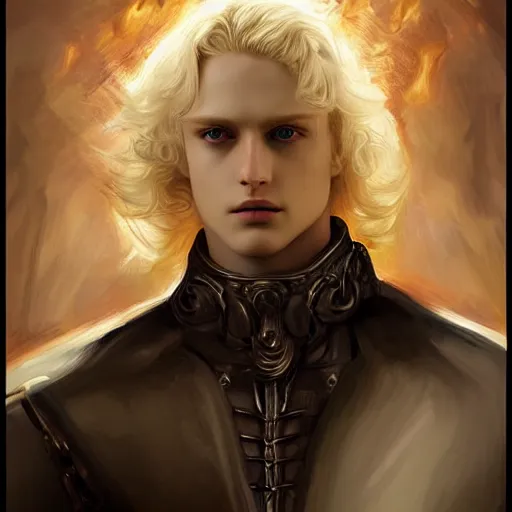 Prompt: digital art of a pale menacing male Cyborg Angel of Battle with fluffy blond curls of hair and piercing eyes, johan liebert mixed with Dante, central composition, he commands the fiery power of resonance and wrath, very very long blond curly hair, baroque curls, by James Gurney and Seb mckinnon and WLOP, Artstation, CGsociety