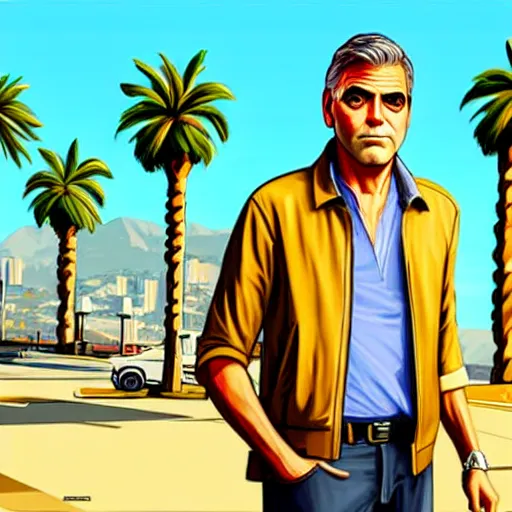 Image similar to george clooney in gta v. los santos in background, palm trees in the art style of stephen bliss