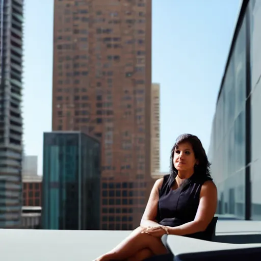 Image similar to A Latina businesswoman, sat outdoors, mostly silhouetted in soft shadow. harsh sunlight corporate plaza