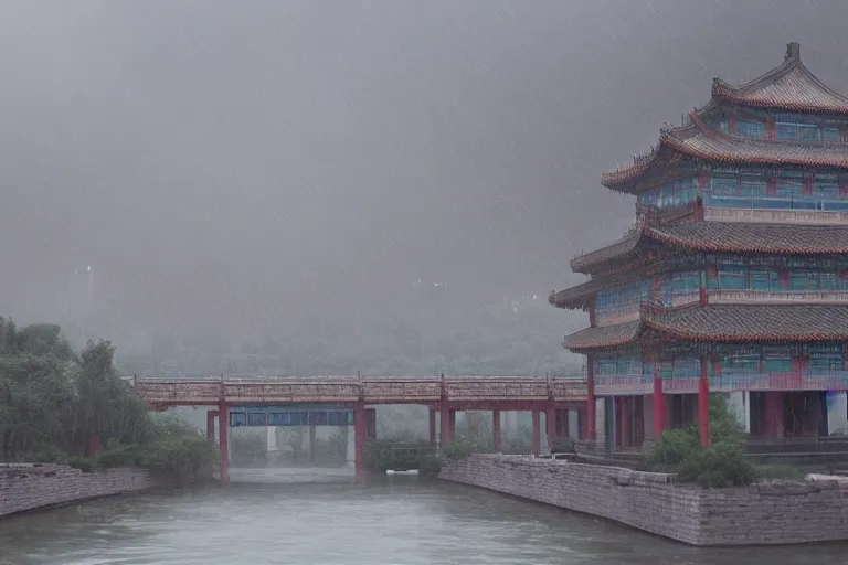 Image similar to in the rain, beijing houses, bridge, river mysterious and serene landscape, clouds, by zhang zeduan, tang yin, zhang daqian, qiu ying, trending on artstation